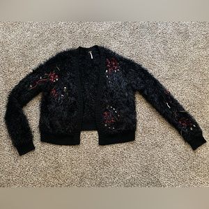“Free People” Fuzzy Black Embroidered Cardigan